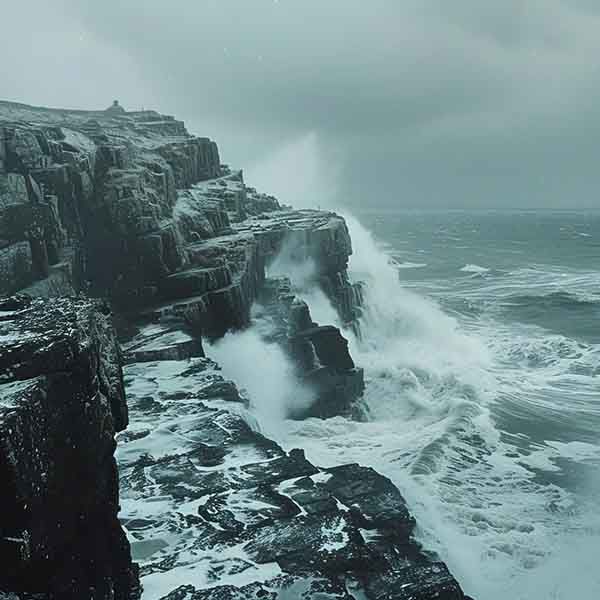 Storm waves crash against dark sea cliffs