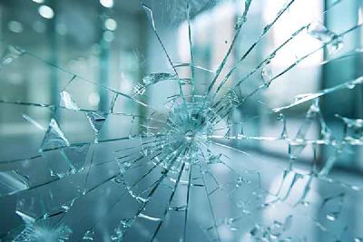 A pane of glass shattered from one point of impact